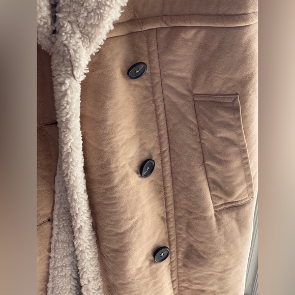 Great Jones Sherpa Lined Women's Tan Double-Breasted Faux Leather Coat - Picture 3 of 15